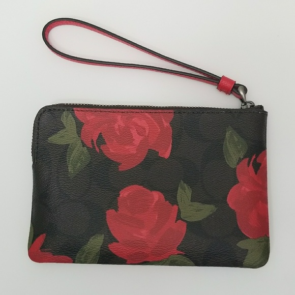 NWT Coach Brown + Red Floral / Gun Metal Wristlet - Picture 2 of 8